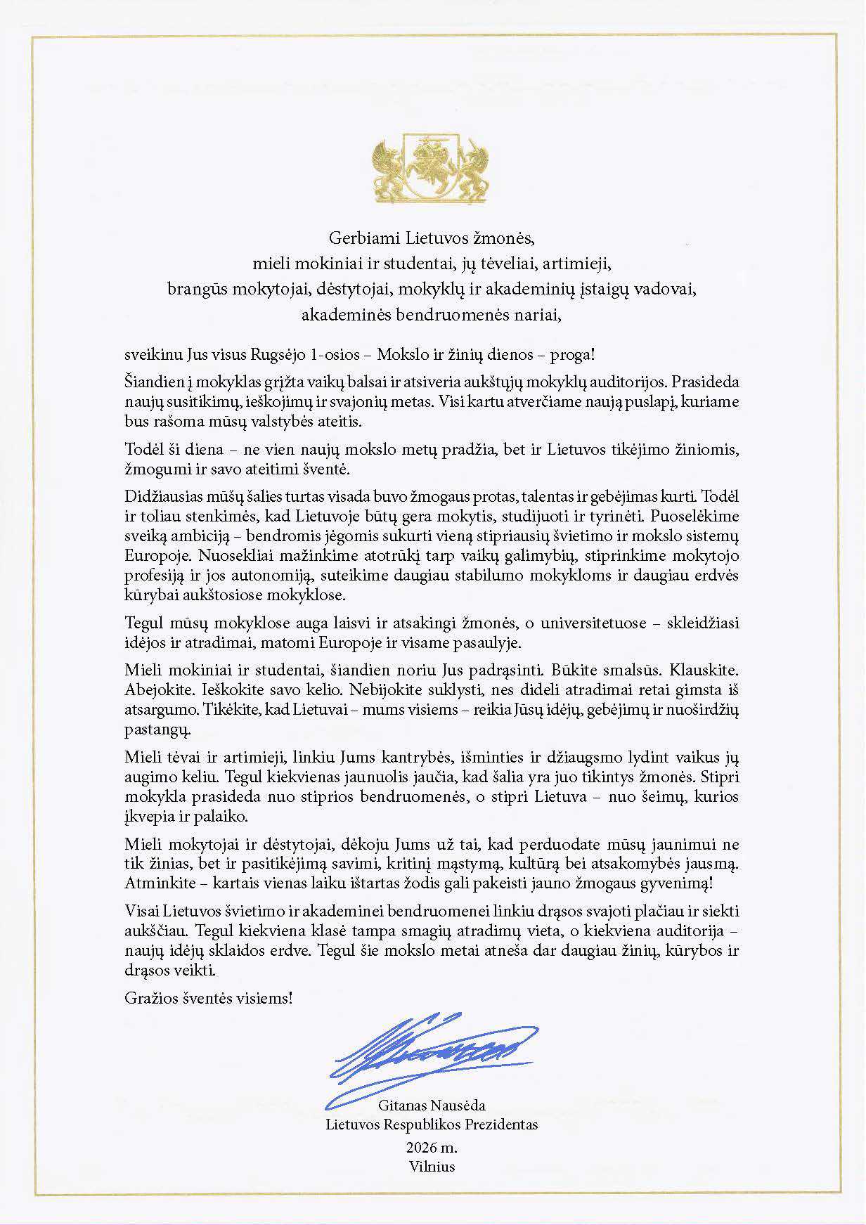 Lietuvos Respublikos Prezidento Gitano Nausėdos sveikinimas