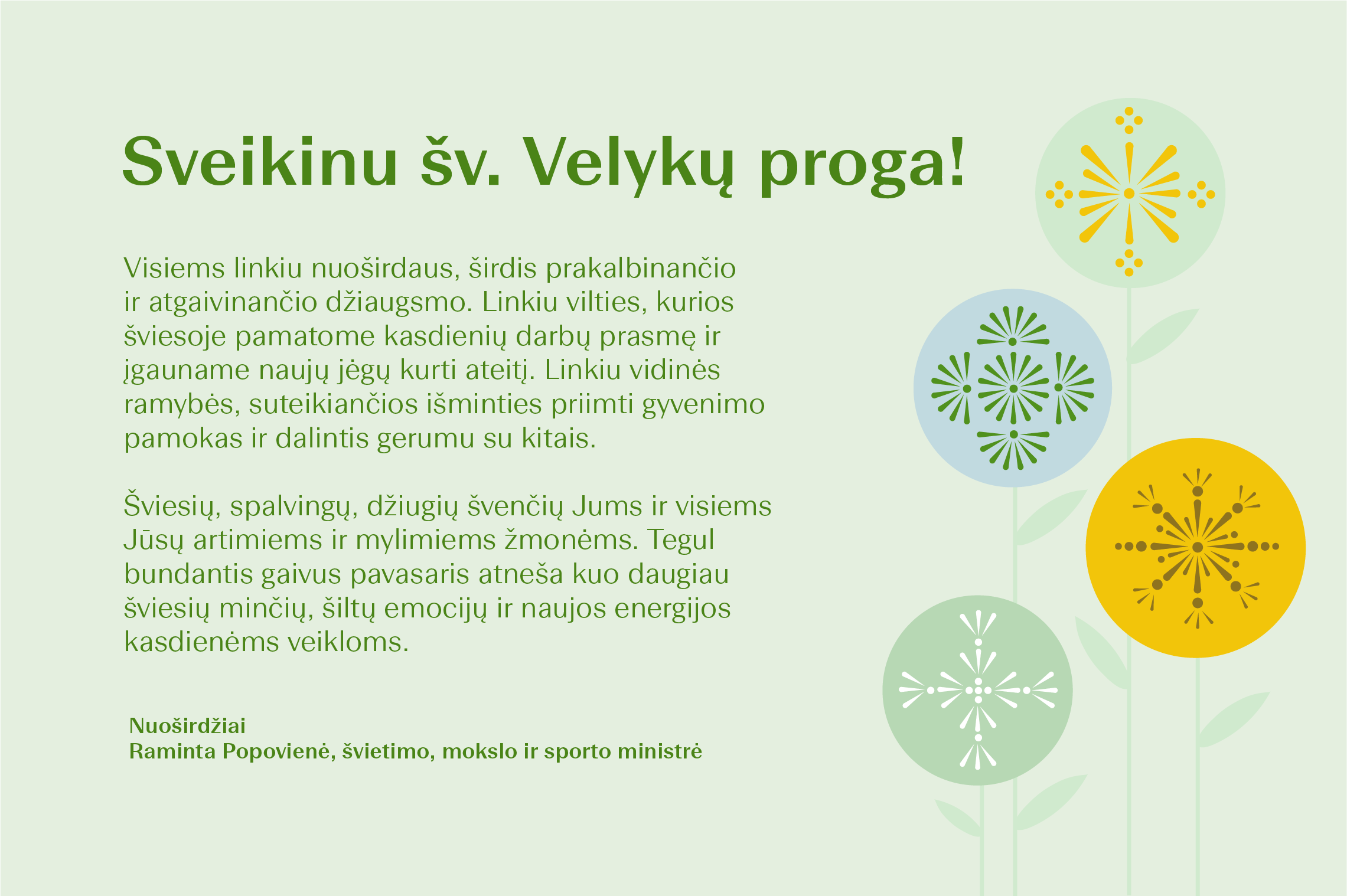 Ministrės Ramintos Popovienės sveikinimas šv. Velykų proga