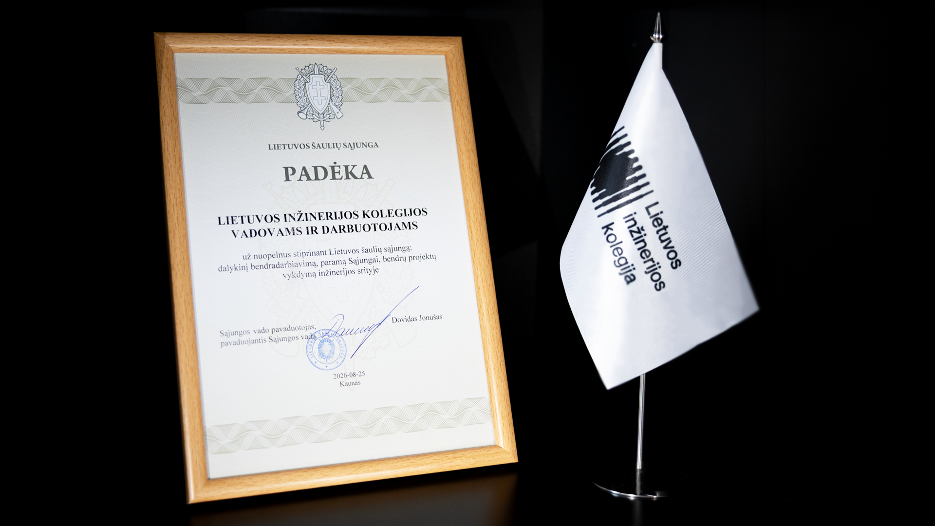 Padėka Lietuvos inžinerijos kolegijai už indėlį stiprinant Lietuvos šaulių sąjungą